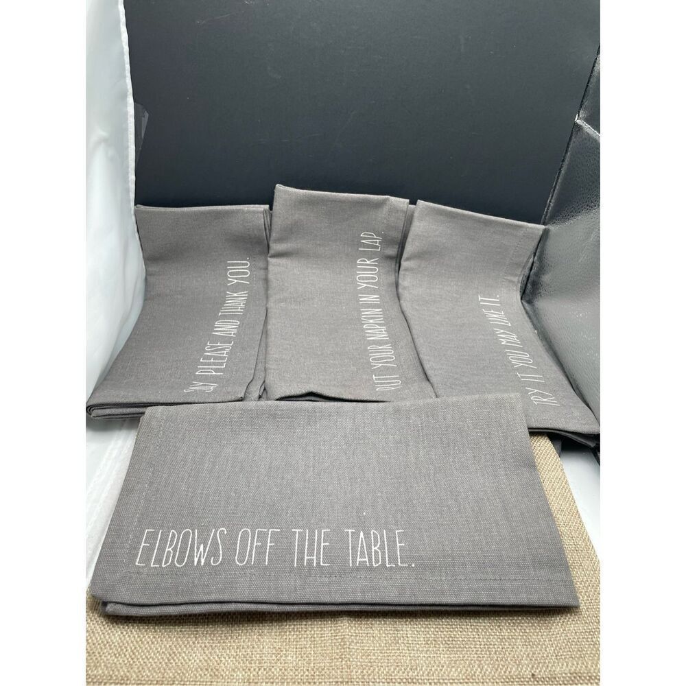 World Market Dinner Napkin Set Gray with Manners Wording 100% Cotton